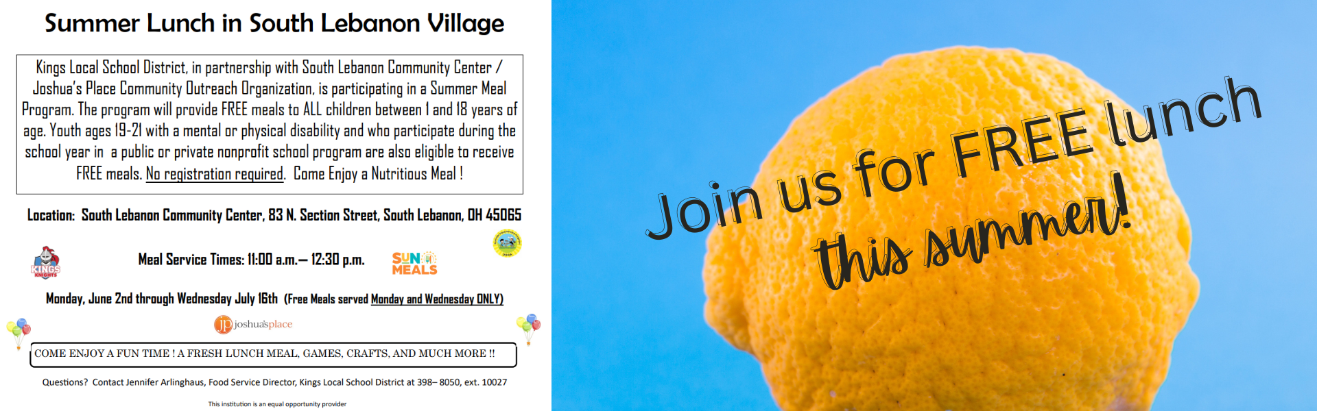 Summer FREE Lunch at Joshua's Place on Mondays and Wednesdays from June 2 through July 16